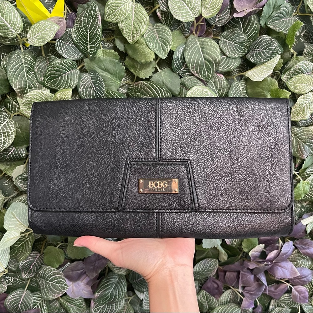 BCBG Paris Classic Black Leather Clutch Purse Handbag